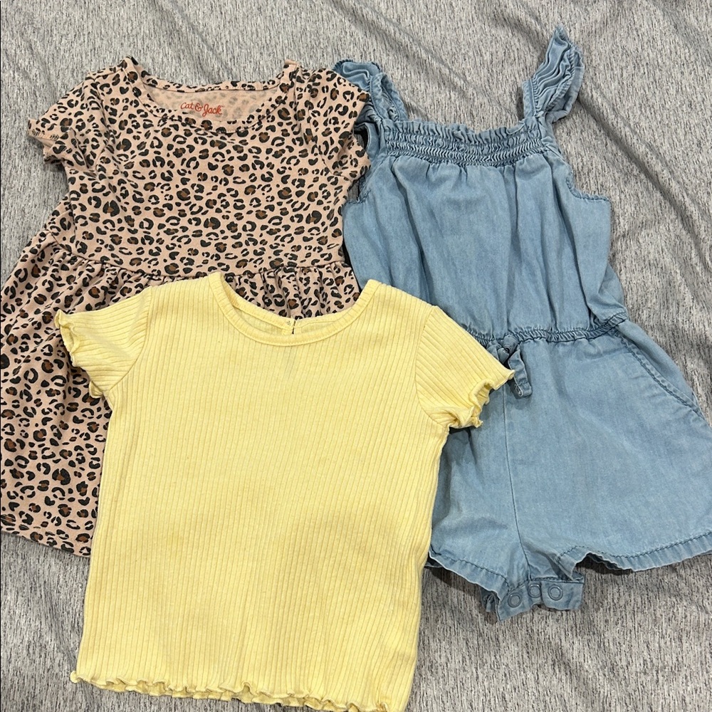 3-Piece Girls Outfit Set - Leopard Top, Yellow Rib Disney Tee, Denim Romper